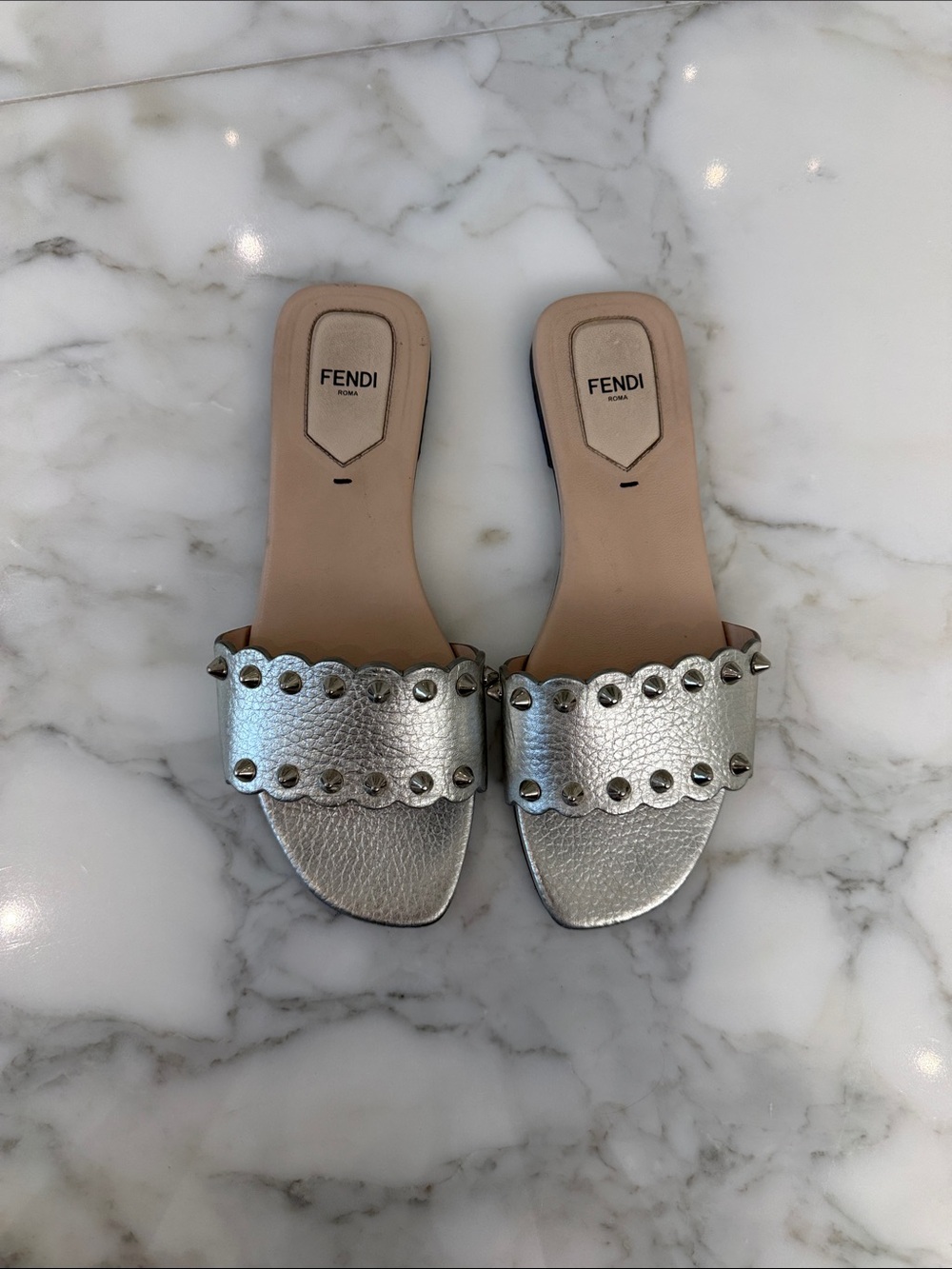 Fendi Silver Scalloped Stud Slide Sandals